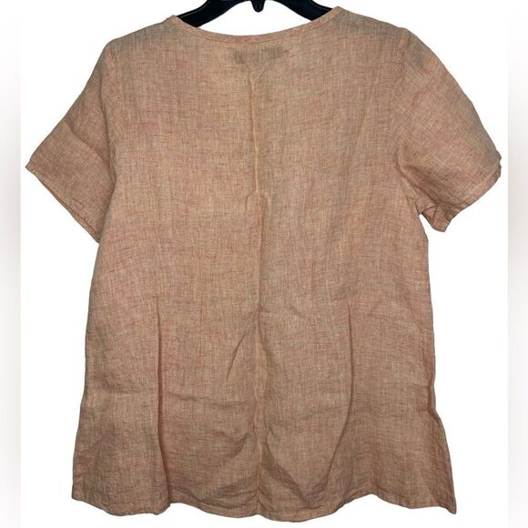 Flax Peach Short Sleeve 100% Linen Lagenlook Button Front Shirt Petite - Picture 2 of 9